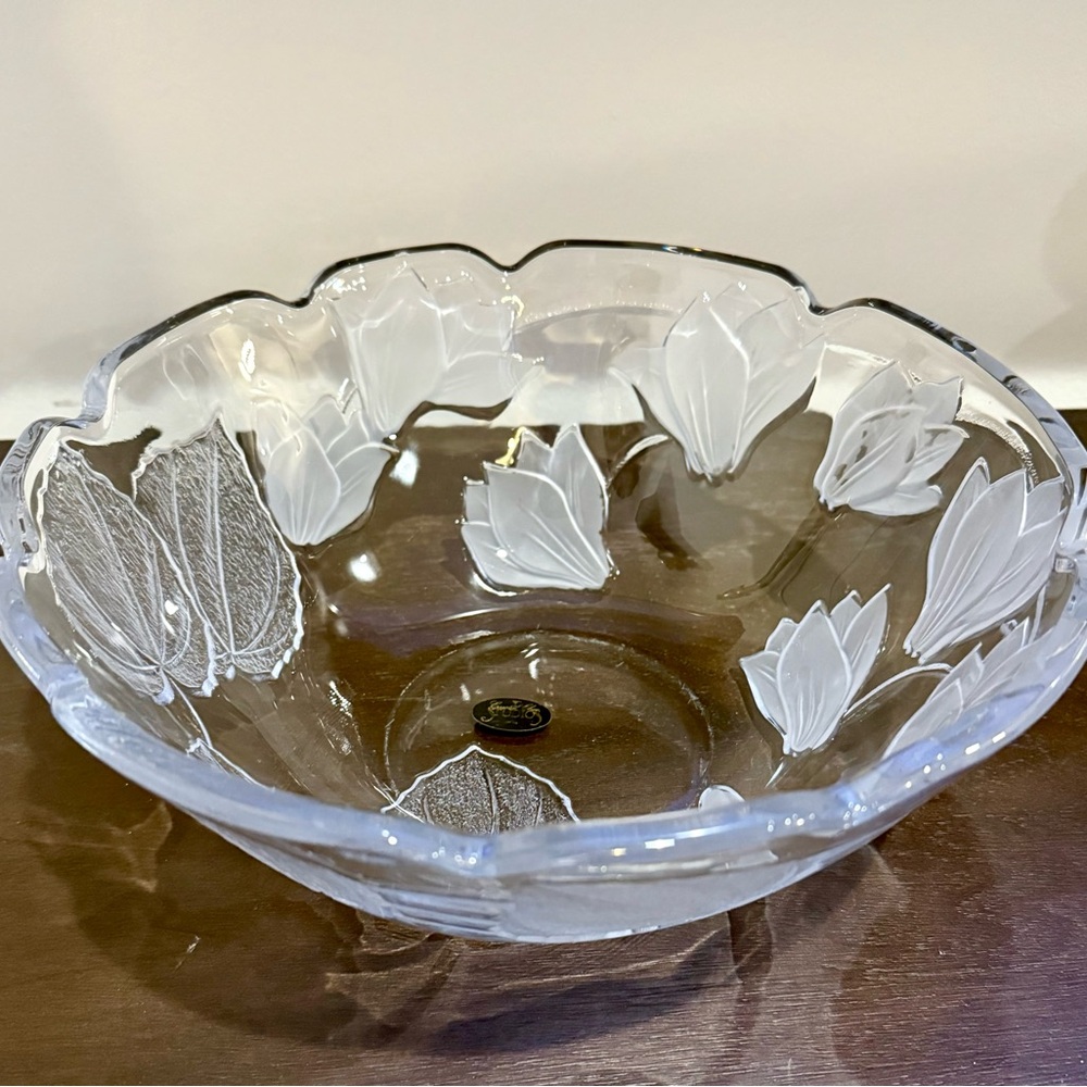 Vintage 90s Crystal Clear Studios Frosted Tulip Glass Serving Bowl 11x5 Japan